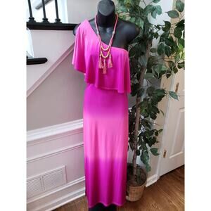 Venus Long Maxi Dress Womens Size XL Pink Polyester Ruffle Layered One Shoulder